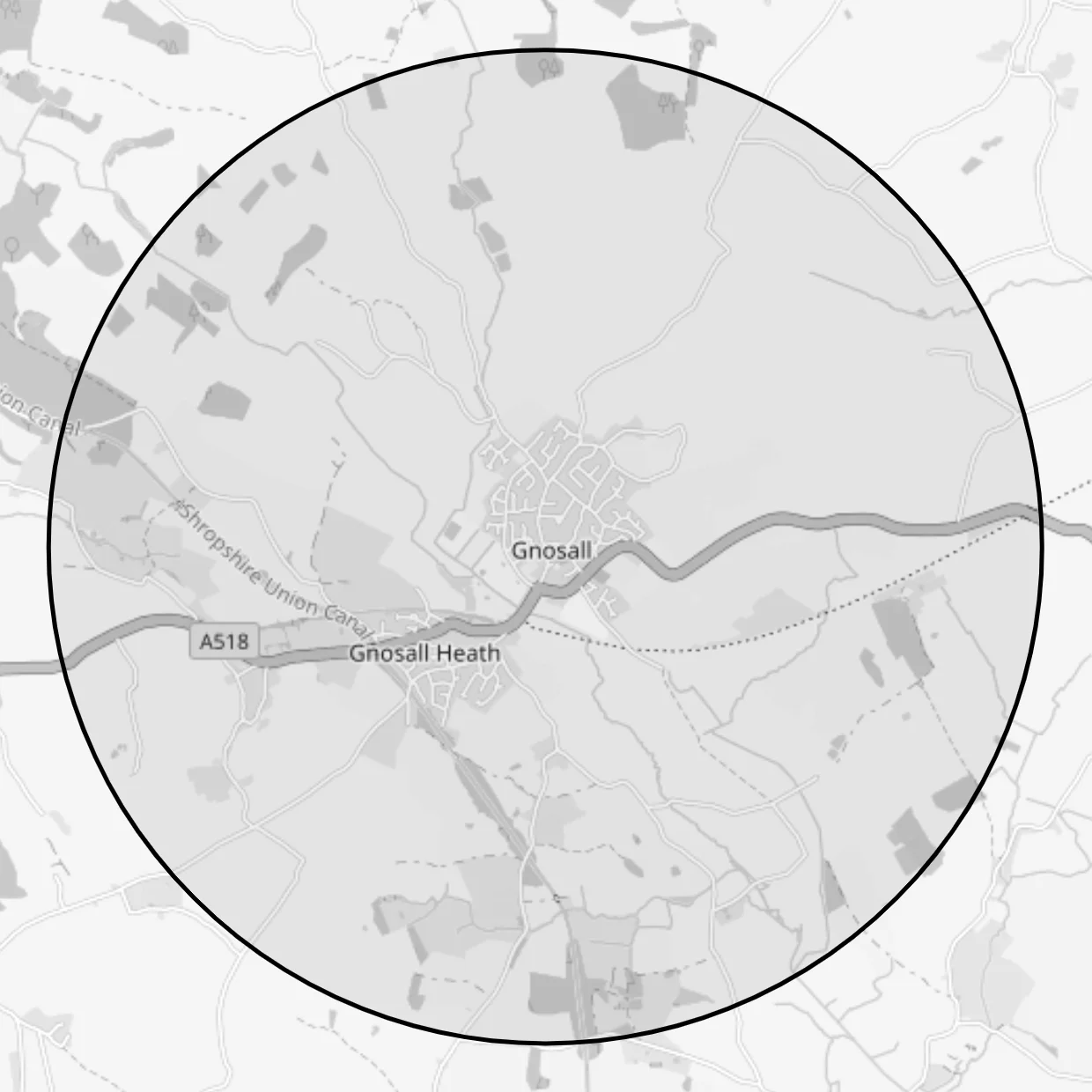 Map of the area within 1.7 miles of Gnosall, covering Gnosall and Gnosall Heath