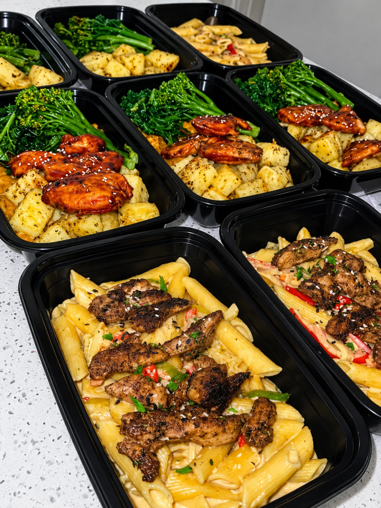 Meal prep tubs of glazed chicken with broccoli and potatoes, and cajun chicken pasta